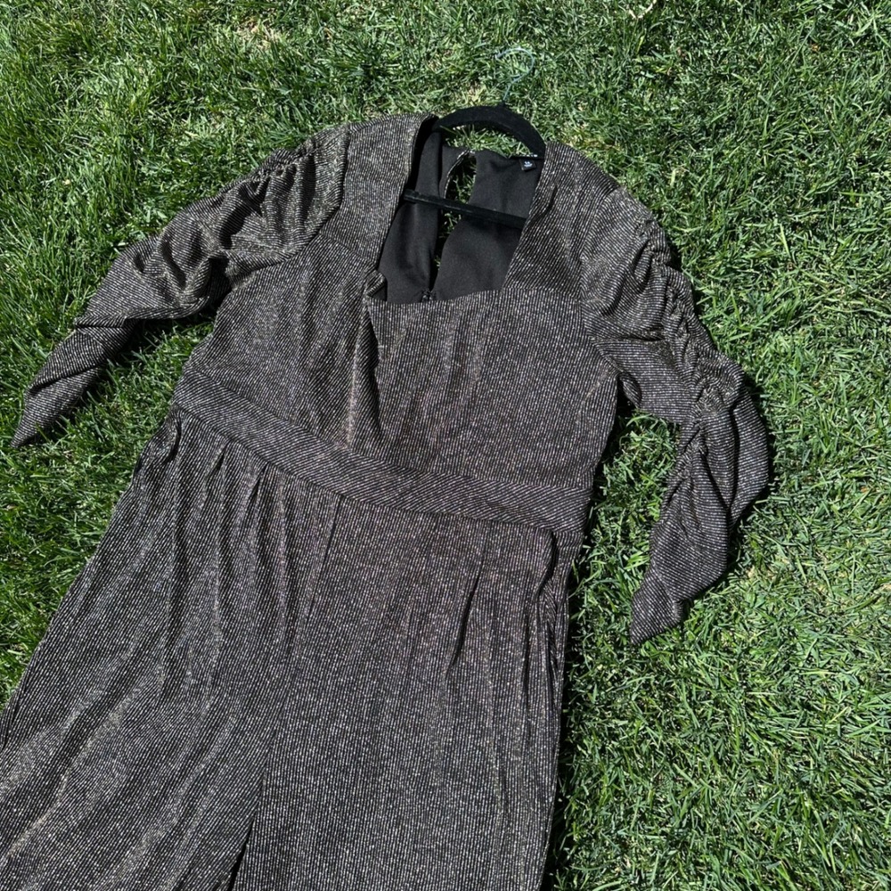 Torrid Black Metallic Silver Pinstripe Square Neck Ruched Sleeve‎ Jumpsuit 14